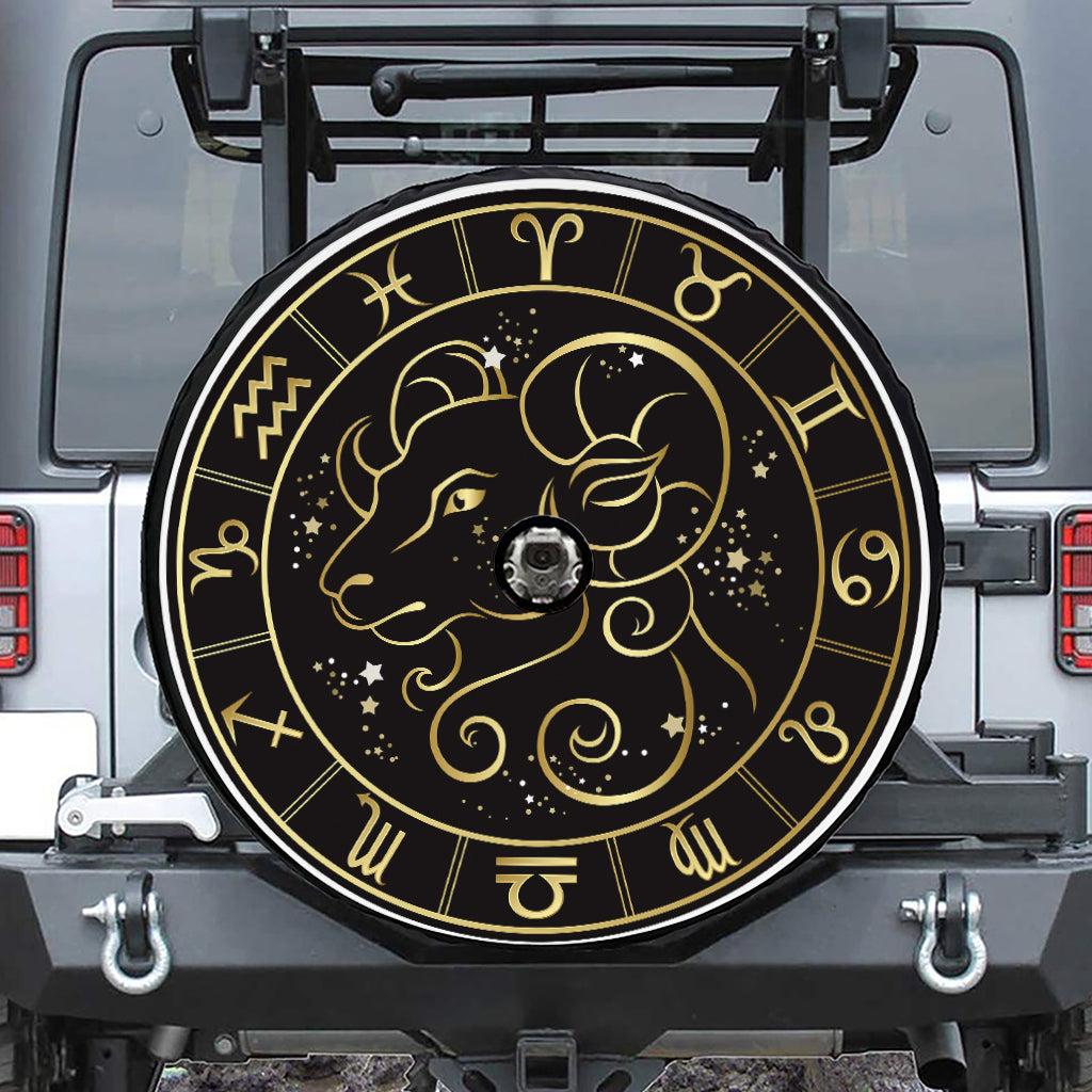 Gold And Black Aries Sign Print Tire Cover With Camera Hole