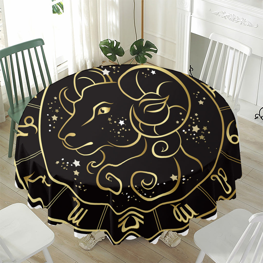 Gold And Black Aries Sign Print Waterproof Round Tablecloth