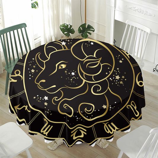 Gold And Black Aries Sign Print Waterproof Round Tablecloth