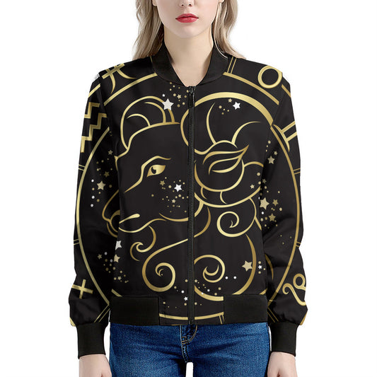 Gold And Black Aries Sign Print Women's Bomber Jacket