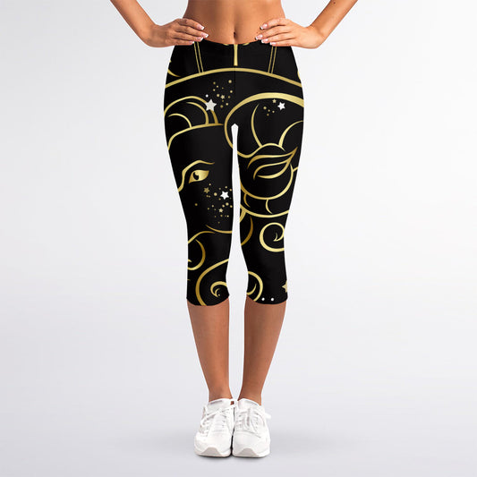 Gold And Black Aries Sign Print Women's Capri Leggings