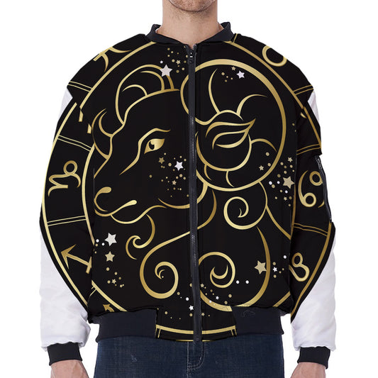 Gold And Black Aries Sign Print Zip Sleeve Bomber Jacket