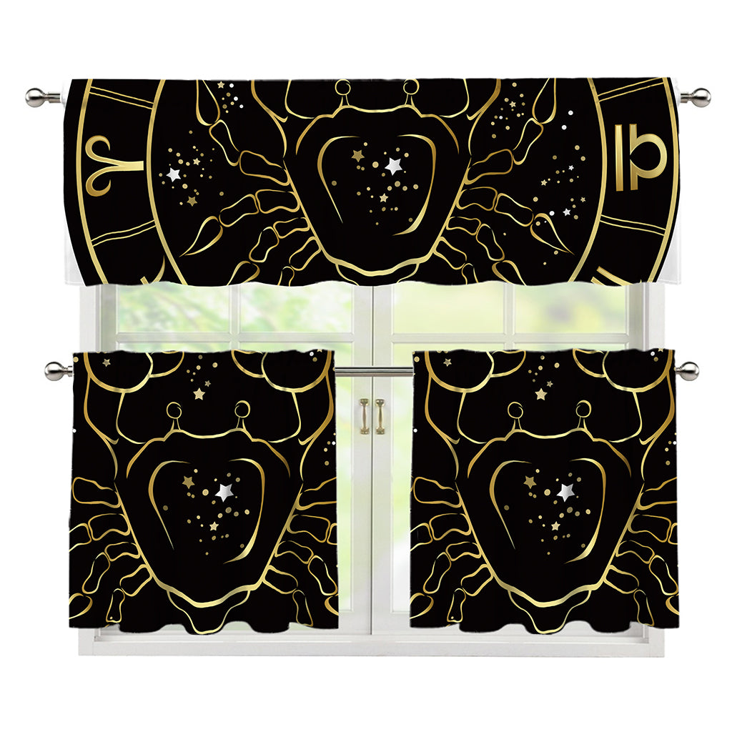 Gold And Black Cancer Sign Print 3 Piece Kitchen Curtains