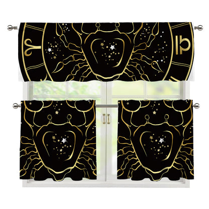 Gold And Black Cancer Sign Print 3 Piece Kitchen Curtains