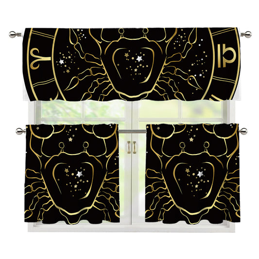 Gold And Black Cancer Sign Print 3 Piece Kitchen Curtains