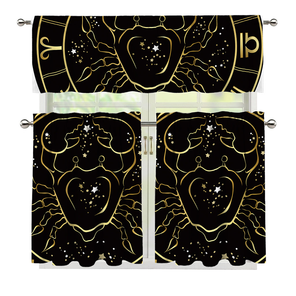 Gold And Black Cancer Sign Print 3 Piece Kitchen Curtains