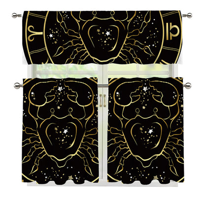 Gold And Black Cancer Sign Print 3 Piece Kitchen Curtains