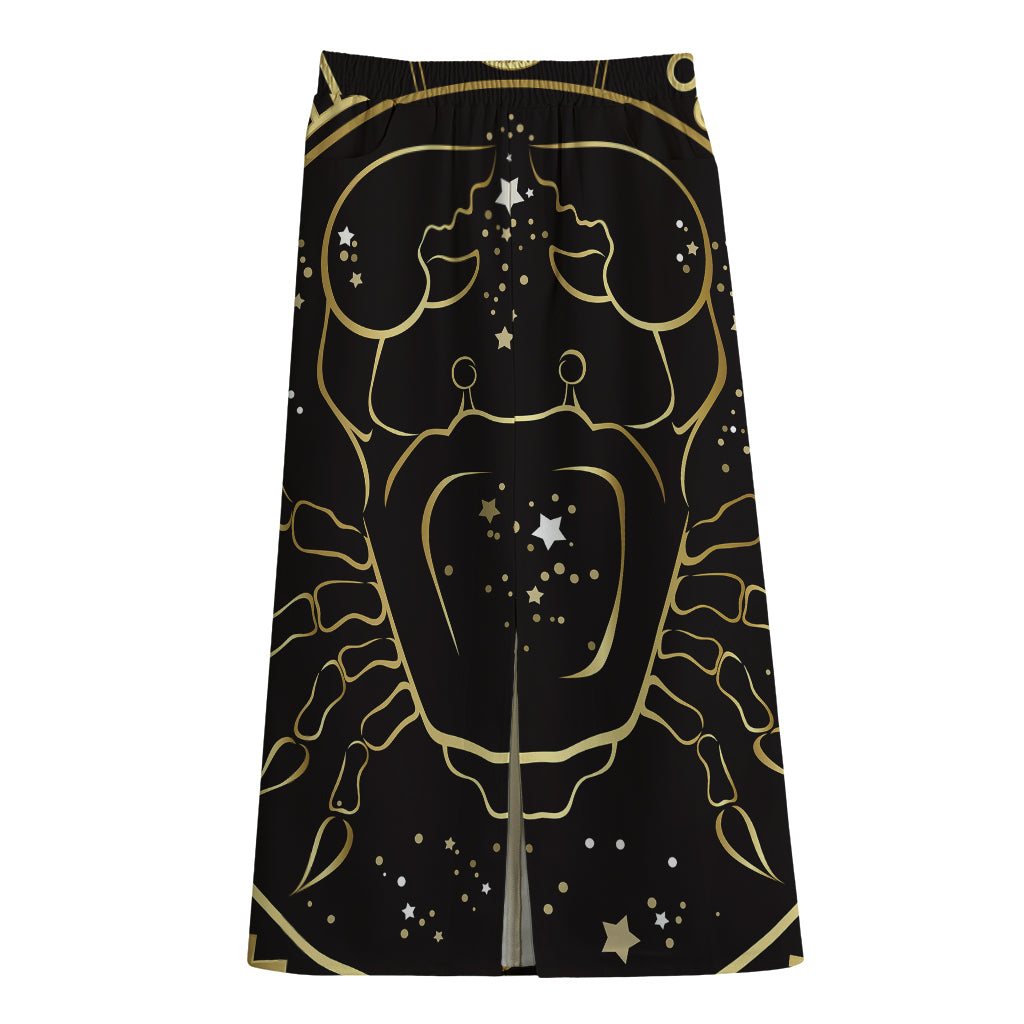 Gold And Black Cancer Sign Print Cotton Front Slit Maxi Skirt