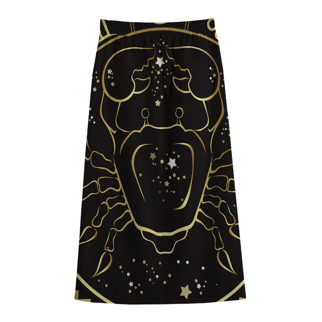 Gold And Black Cancer Sign Print Cotton Front Slit Maxi Skirt