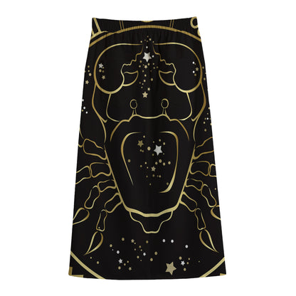 Gold And Black Cancer Sign Print Cotton Front Slit Maxi Skirt