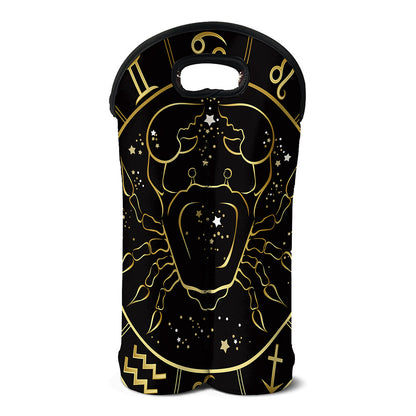 Gold And Black Cancer Sign Print Double Neoprene Wine Tote