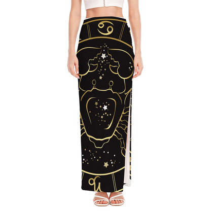 Gold And Black Cancer Sign Print High Slit Maxi Skirt