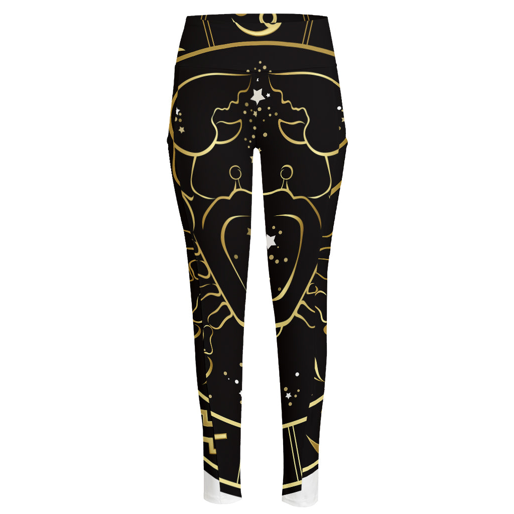 Gold And Black Cancer Sign Print High-Waisted Pocket Leggings