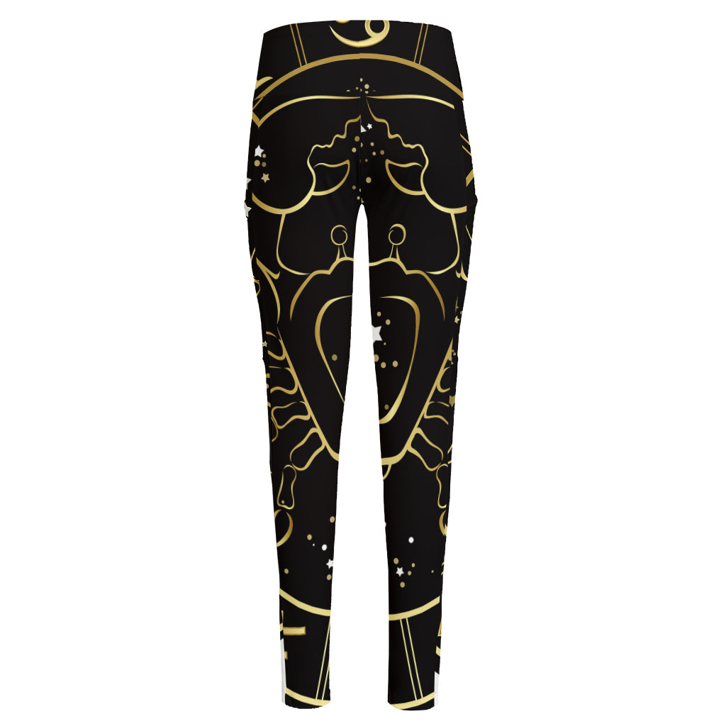 Gold And Black Cancer Sign Print High-Waisted Pocket Leggings