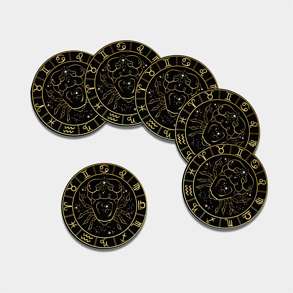 Gold And Black Cancer Sign Print Leather Coaster Set