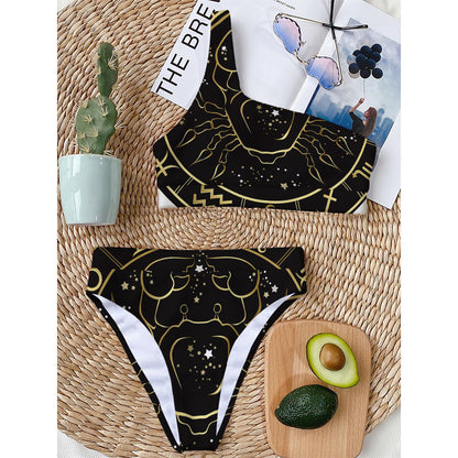 Gold And Black Cancer Sign Print One Shoulder Bikini Top