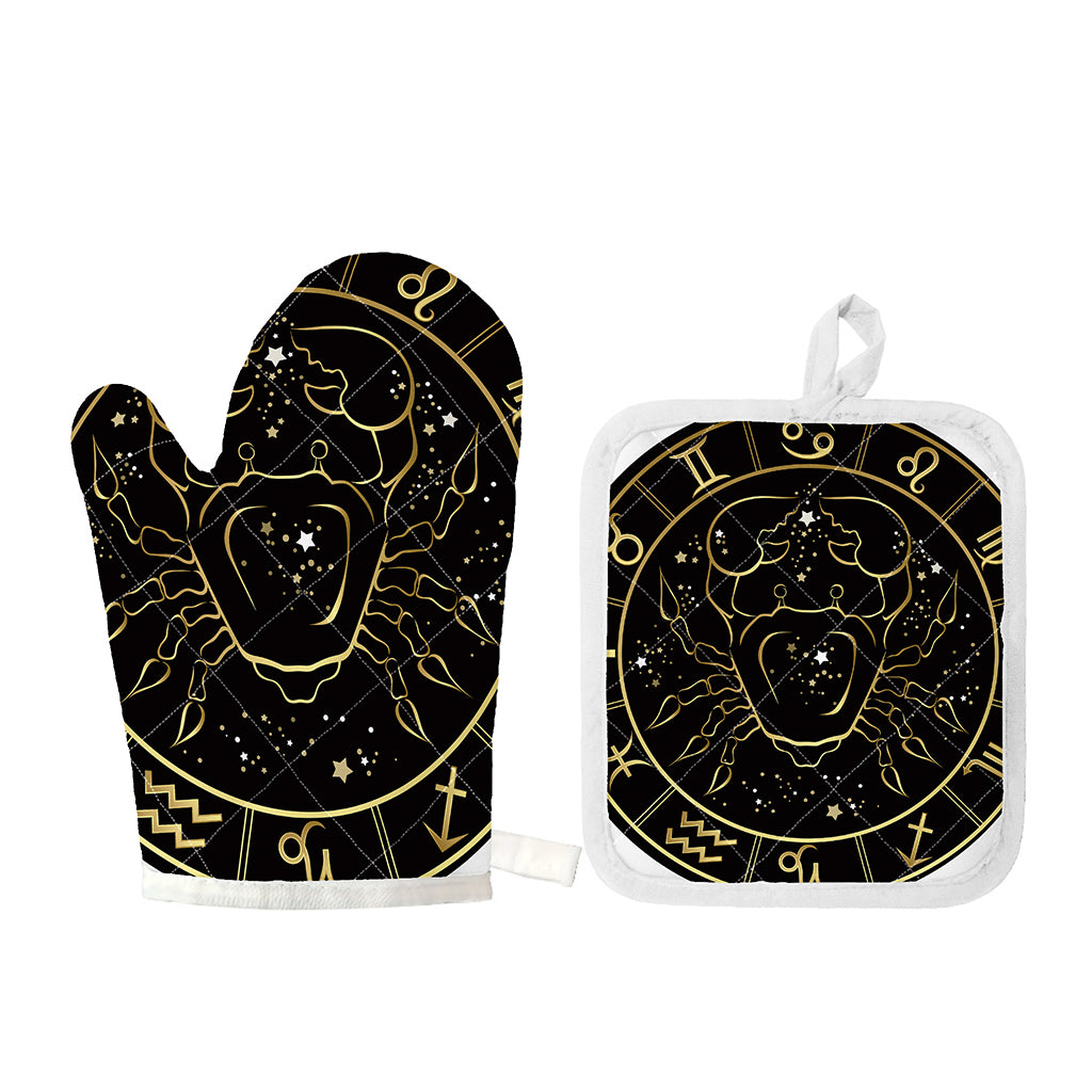 Gold And Black Cancer Sign Print Oven Mitt And Pot Holder Set
