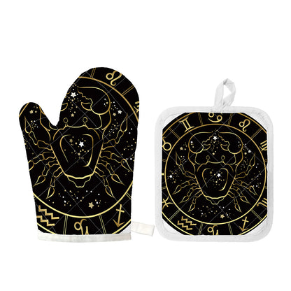 Gold And Black Cancer Sign Print Oven Mitt And Pot Holder Set