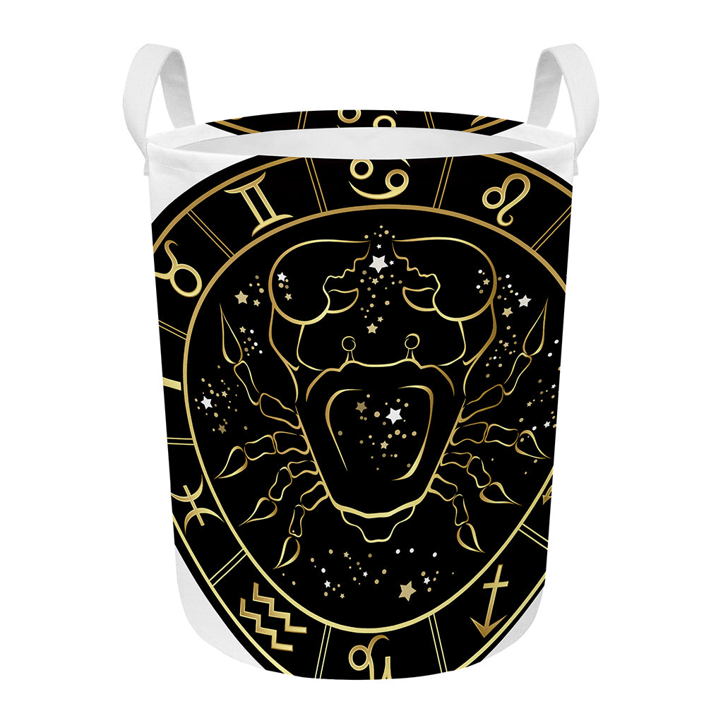 Gold And Black Cancer Sign Print Round Laundry Basket