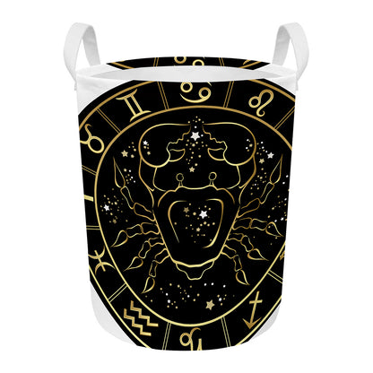 Gold And Black Cancer Sign Print Round Laundry Basket