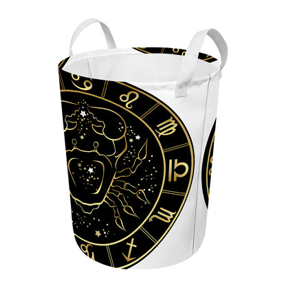 Gold And Black Cancer Sign Print Round Laundry Basket