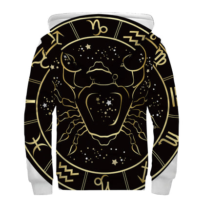 Gold And Black Cancer Sign Print Sherpa Lined Zip Up Hoodie