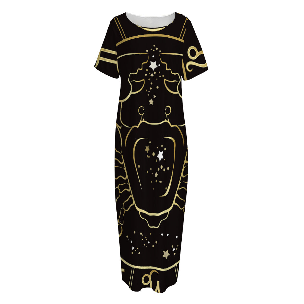 Gold And Black Cancer Sign Print Short Sleeve Long Nightdress