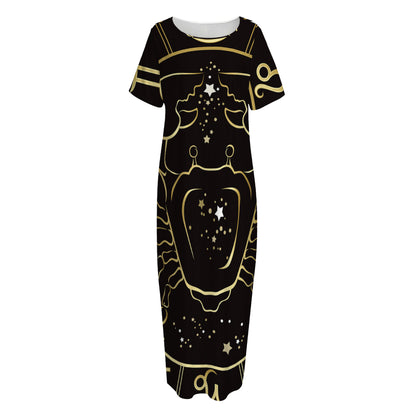 Gold And Black Cancer Sign Print Short Sleeve Long Nightdress