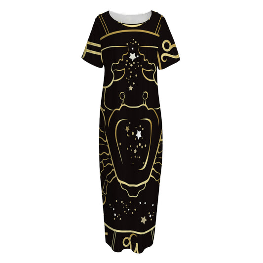 Gold And Black Cancer Sign Print Short Sleeve Long Nightdress