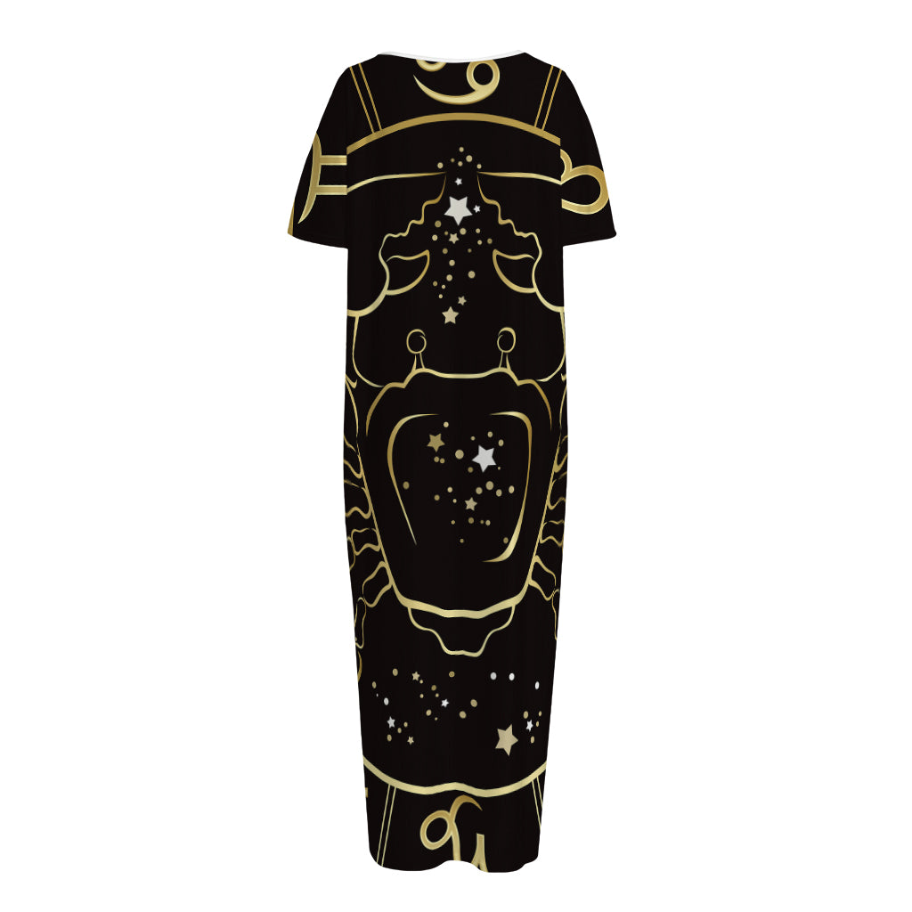 Gold And Black Cancer Sign Print Short Sleeve Long Nightdress