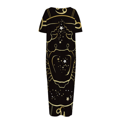 Gold And Black Cancer Sign Print Short Sleeve Long Nightdress