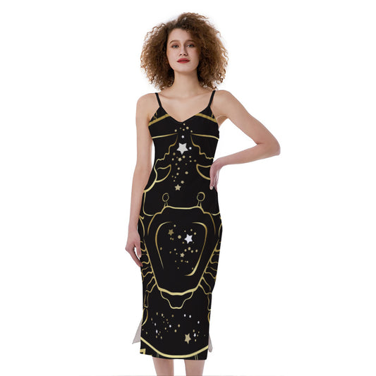 Gold And Black Cancer Sign Print Slim Fit Midi Cami Dress