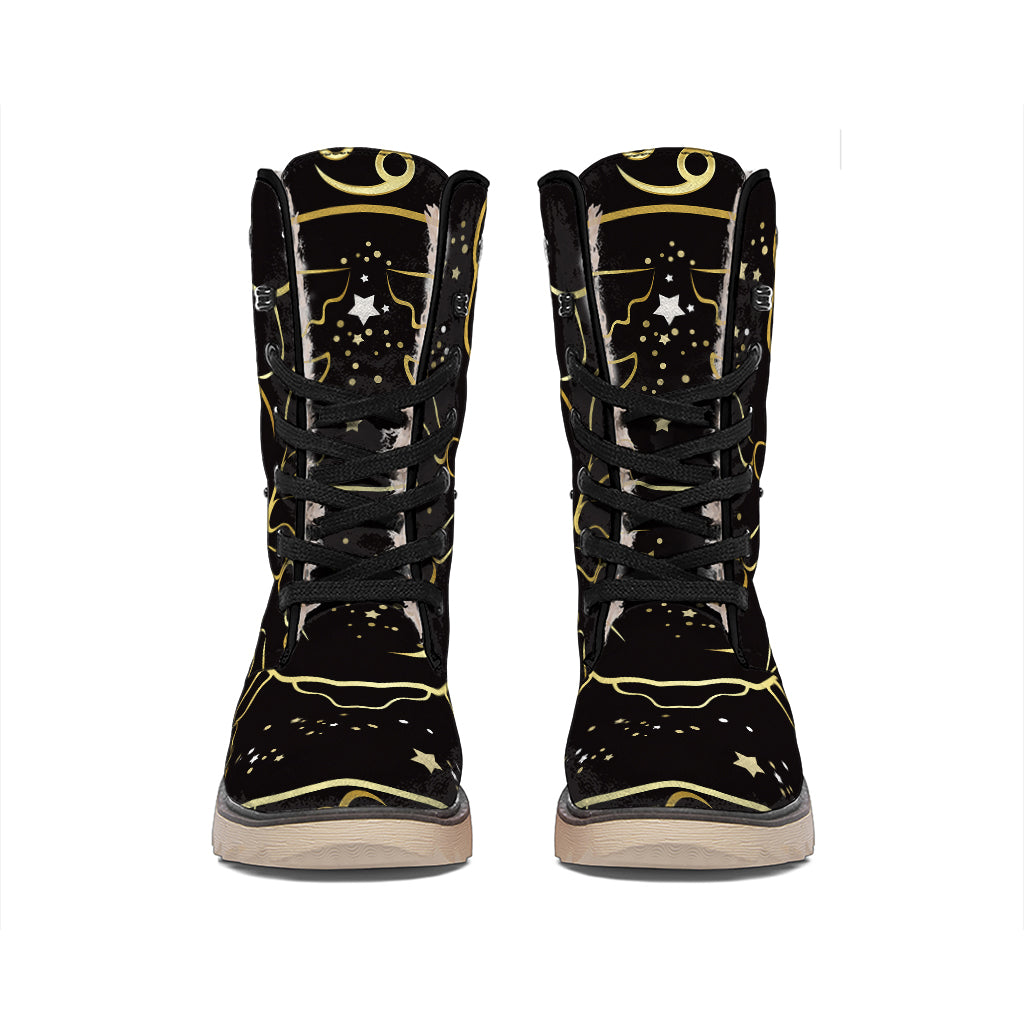 Gold And Black Cancer Sign Print Winter Boots