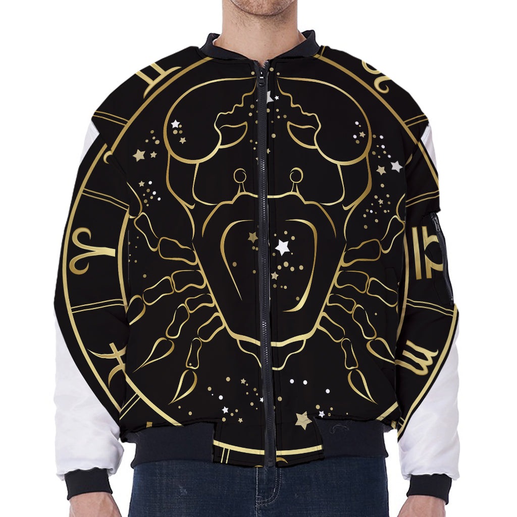 Gold And Black Cancer Sign Print Zip Sleeve Bomber Jacket