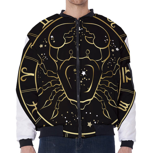 Gold And Black Cancer Sign Print Zip Sleeve Bomber Jacket