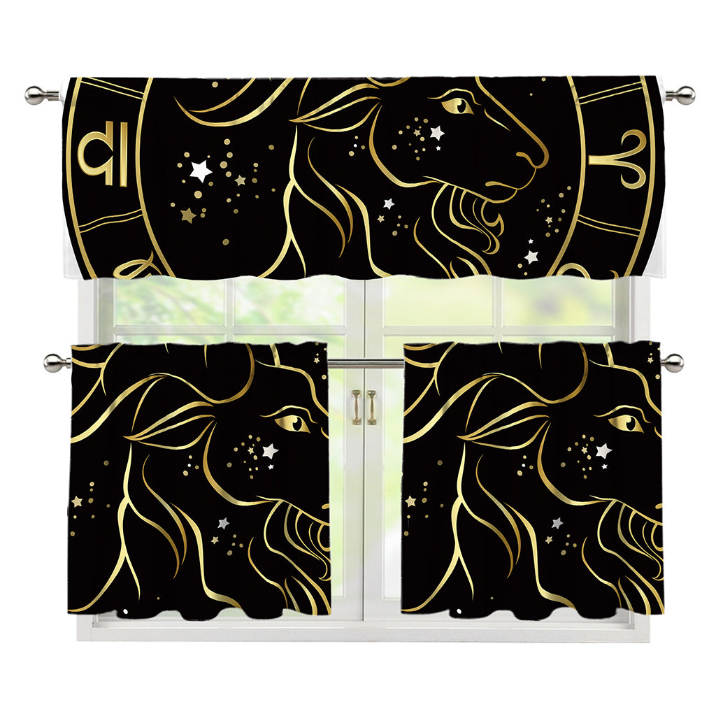 Gold And Black Capricorn Sign Print 3 Piece Kitchen Curtains