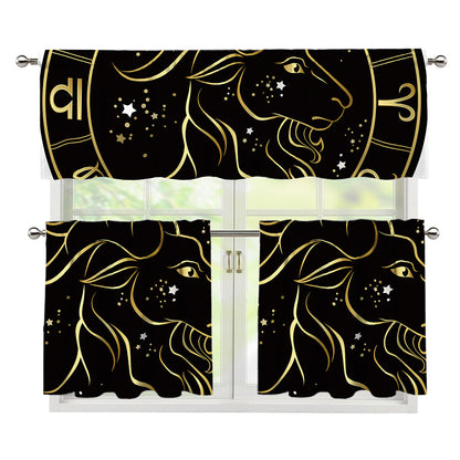 Gold And Black Capricorn Sign Print 3 Piece Kitchen Curtains