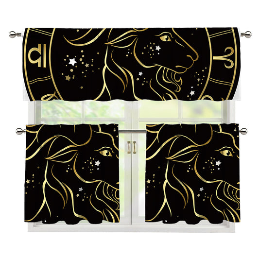 Gold And Black Capricorn Sign Print 3 Piece Kitchen Curtains