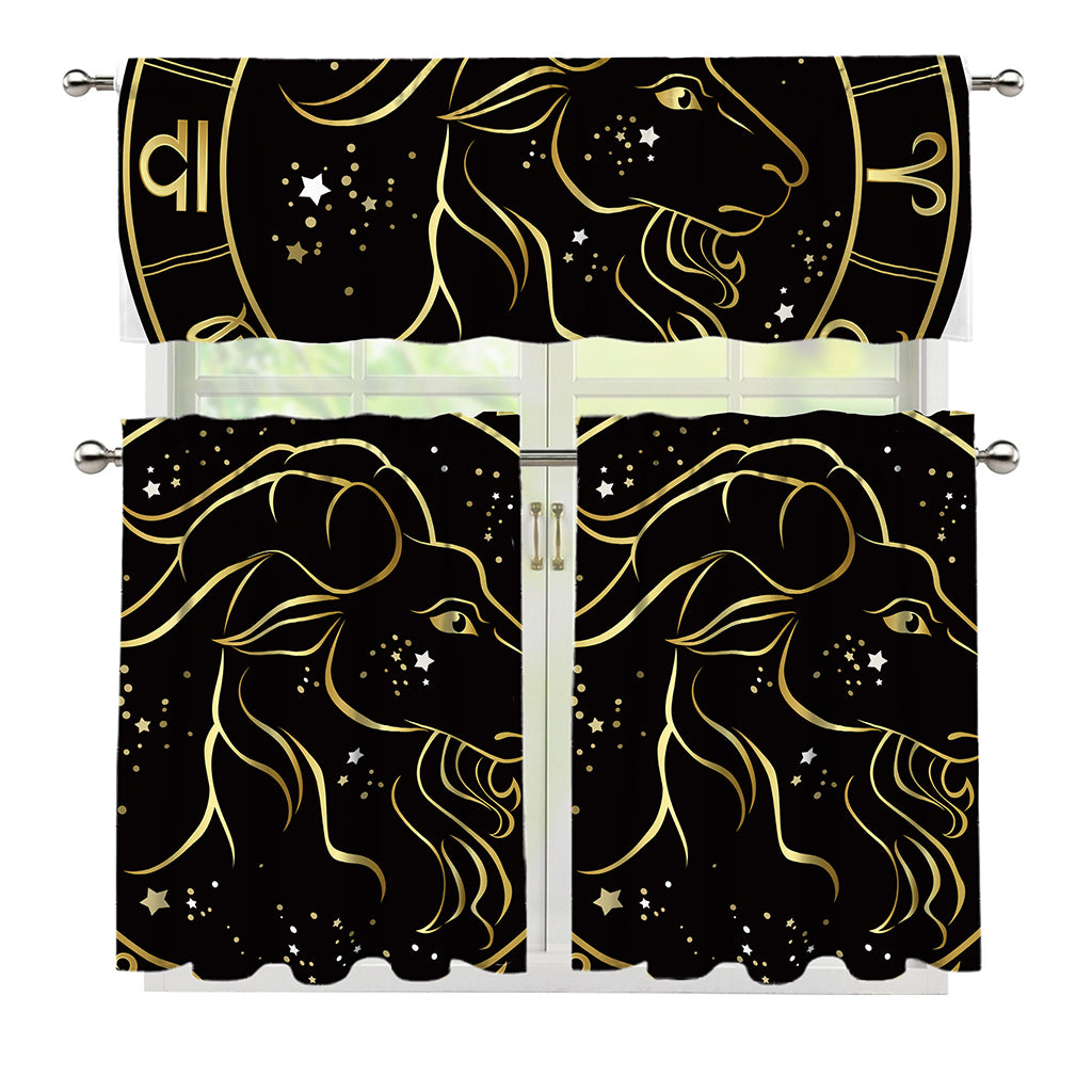 Gold And Black Capricorn Sign Print 3 Piece Kitchen Curtains
