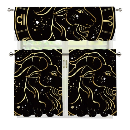 Gold And Black Capricorn Sign Print 3 Piece Kitchen Curtains