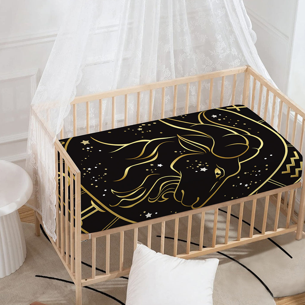 Gold And Black Capricorn Sign Print Baby Crib Sheet