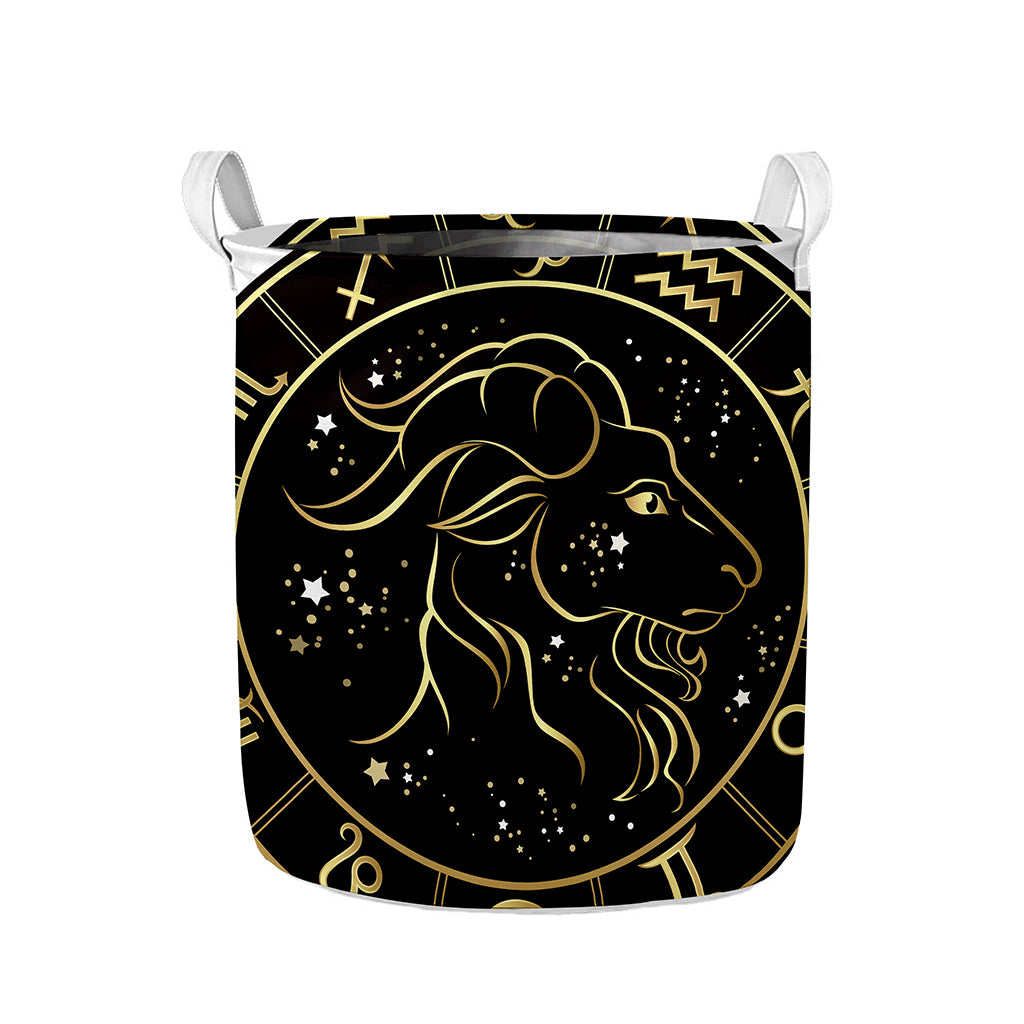 Gold And Black Capricorn Sign Print Collapsible Laundry Basket