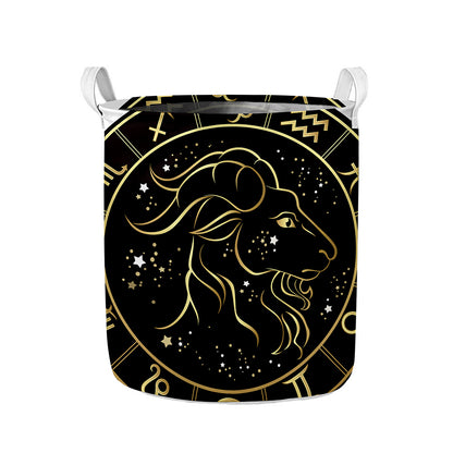 Gold And Black Capricorn Sign Print Collapsible Laundry Basket