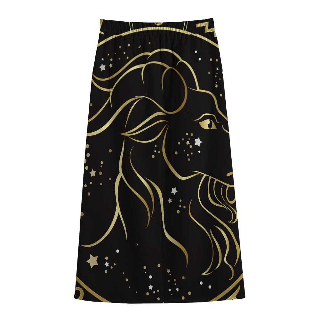 Gold And Black Capricorn Sign Print Cotton Front Slit Maxi Skirt