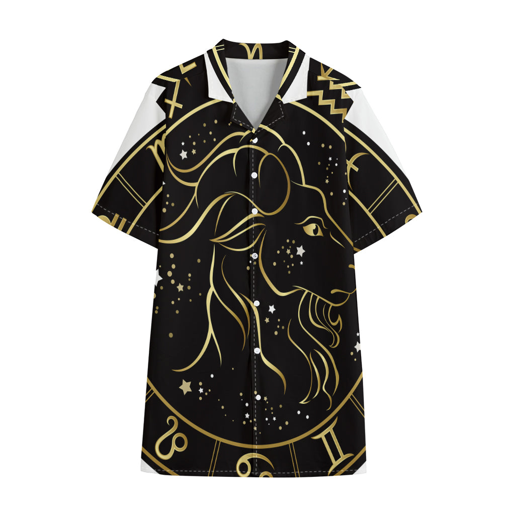 Gold And Black Capricorn Sign Print Cotton Hawaiian Shirt