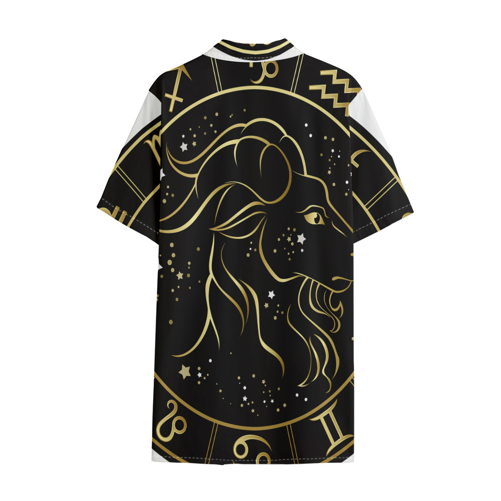 Gold And Black Capricorn Sign Print Cotton Hawaiian Shirt