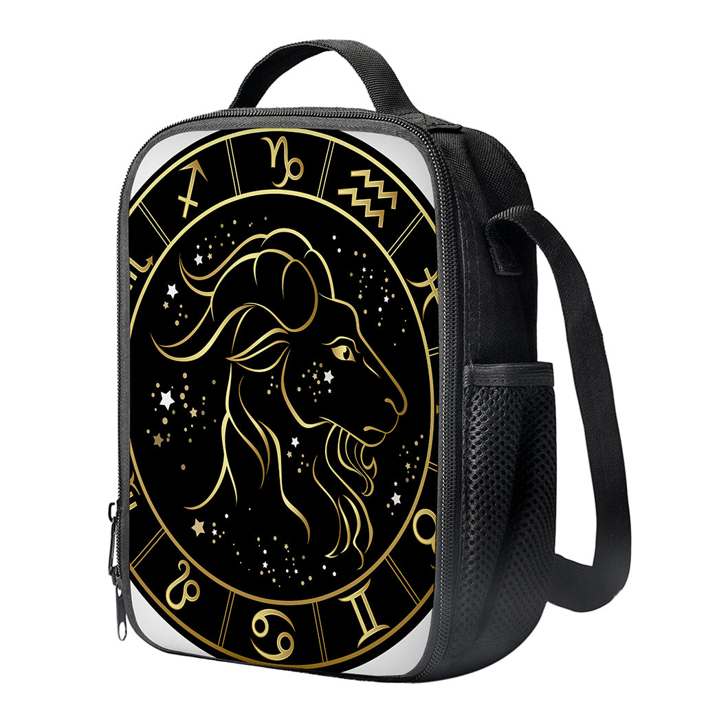Gold And Black Capricorn Sign Print Crossbody Lunch Bag