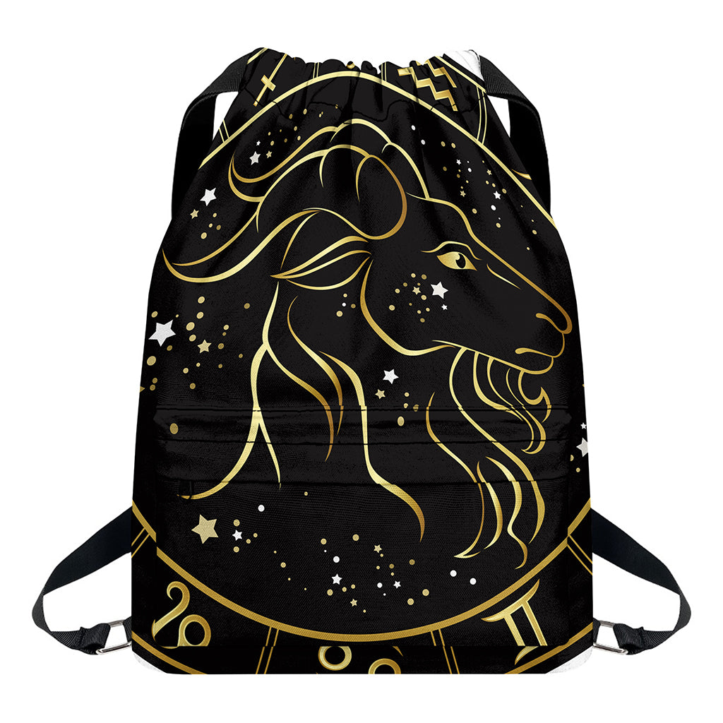 Gold And Black Capricorn Sign Print Drawstring Backpack