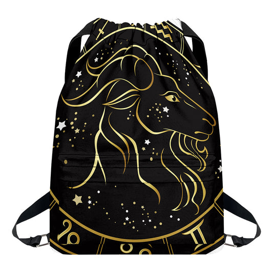 Gold And Black Capricorn Sign Print Drawstring Backpack