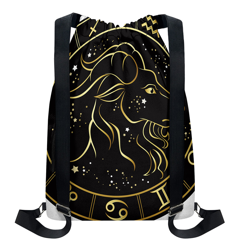 Gold And Black Capricorn Sign Print Drawstring Backpack